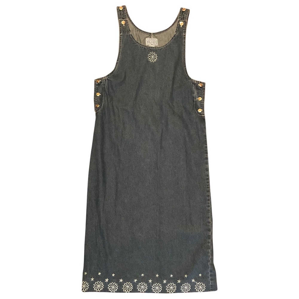 Street Blues Vintage Denim Jumper Dress Floral Embroidery Blue Cotton Midi M